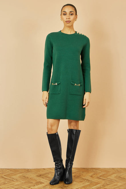 Yumi Green Knitted Tunic Dress with Gold Hardware Details