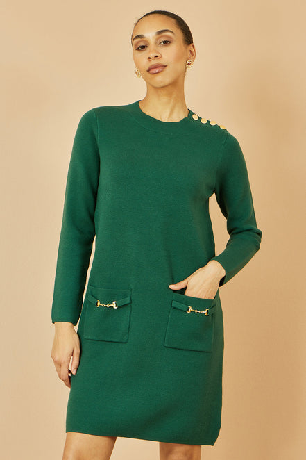 Yumi Green Knitted Tunic Dress with Gold Hardware Details