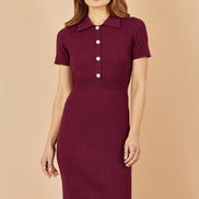 Yumi Burgundy Fitted Rib Knitted Midi Dress with Daisy Buttons