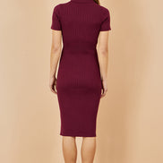 Yumi Burgundy Fitted Rib Knitted Midi Dress with Daisy Buttons