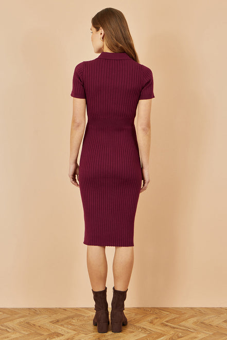 Yumi Burgundy Fitted Rib Knitted Midi Dress with Daisy Buttons