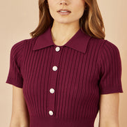Yumi Burgundy Fitted Rib Knitted Midi Dress with Daisy Buttons