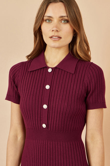 Yumi Burgundy Fitted Rib Knitted Midi Dress with Daisy Buttons