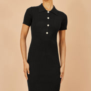Yumi Black Fitted Rib Knitted Midi Dress with Daisy Buttons