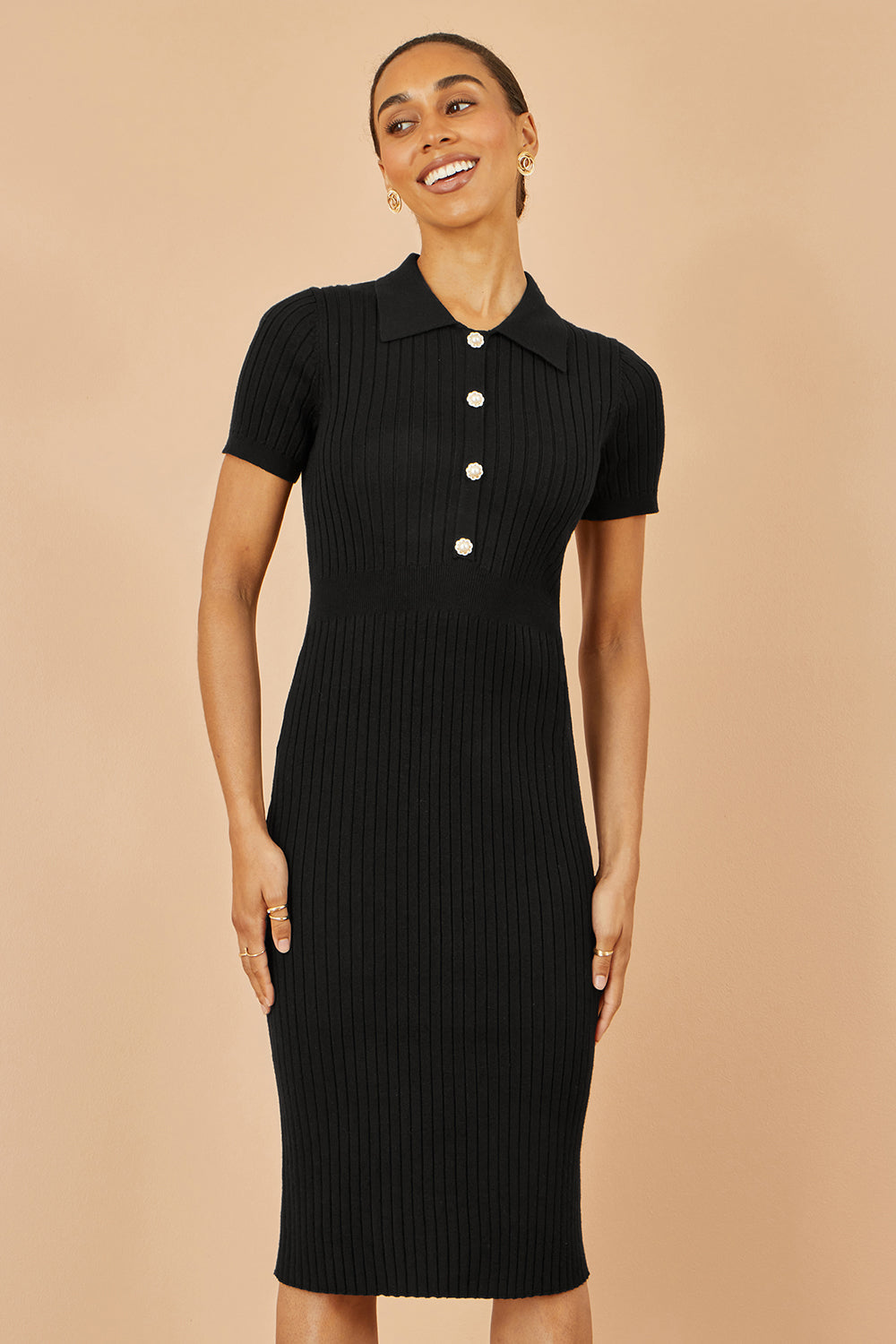 Yumi Black Fitted Rib Knitted Midi Dress with Daisy Buttons