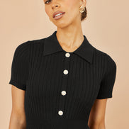 Yumi Black Fitted Rib Knitted Midi Dress with Daisy Buttons