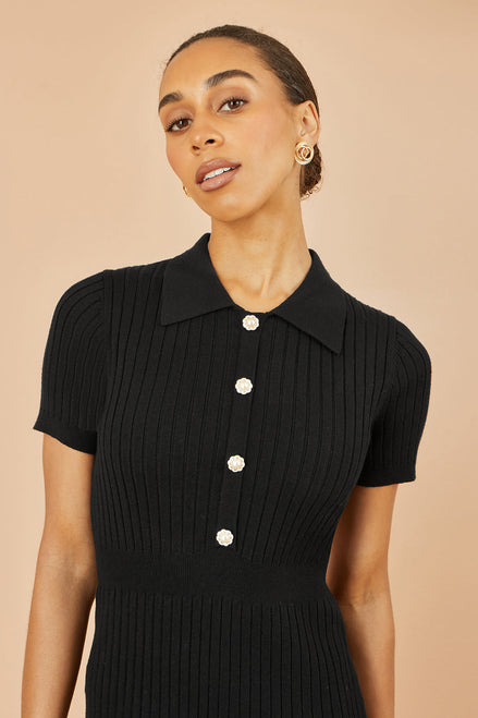 Yumi Black Fitted Rib Knitted Midi Dress with Daisy Buttons