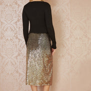 Yumi Black And Gold Sequin Split Fitted Midi Skirt