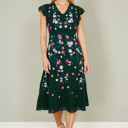 Yumi Green All Over Floral Embroidery Midi Skater Dress