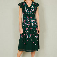 Yumi Green All Over Floral Embroidery Midi Skater Dress