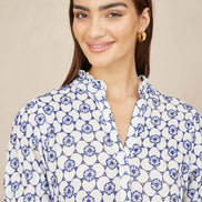 Yumi White and Blue Cotton Broderie Anglaise Midi Shirt Dress