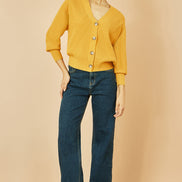 Yumi Mustard Relaxed Fit Cardigan with Stitch Detail