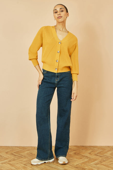 Yumi Mustard Relaxed Fit Cardigan with Stitch Detail