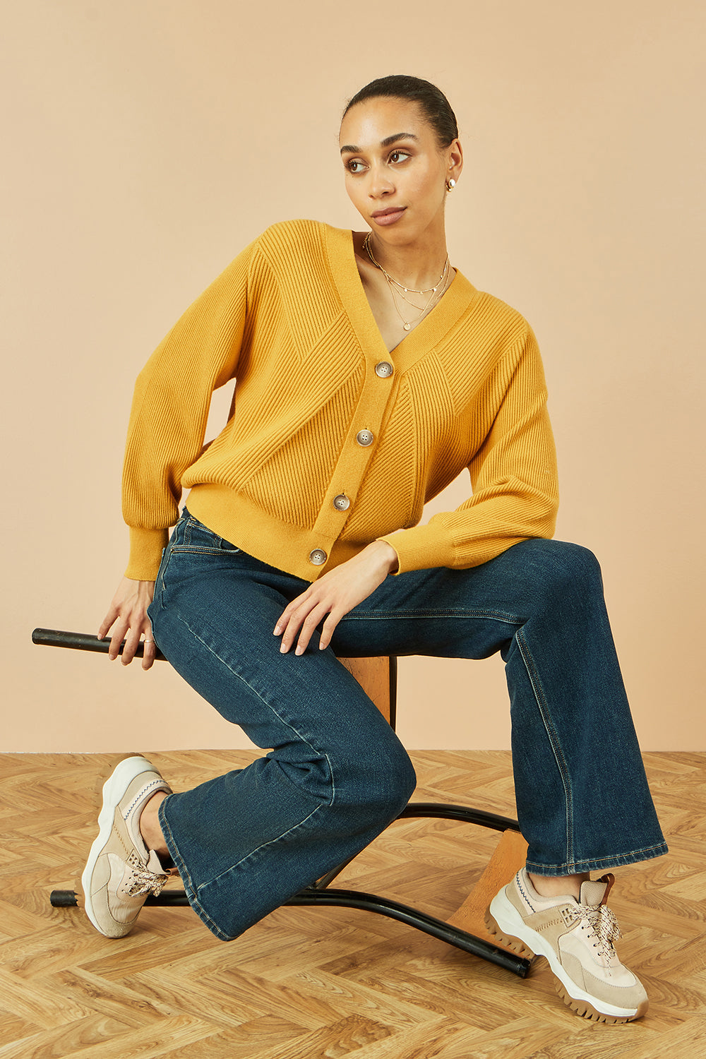 Yumi Mustard Relaxed Fit Cardigan with Stitch Detail