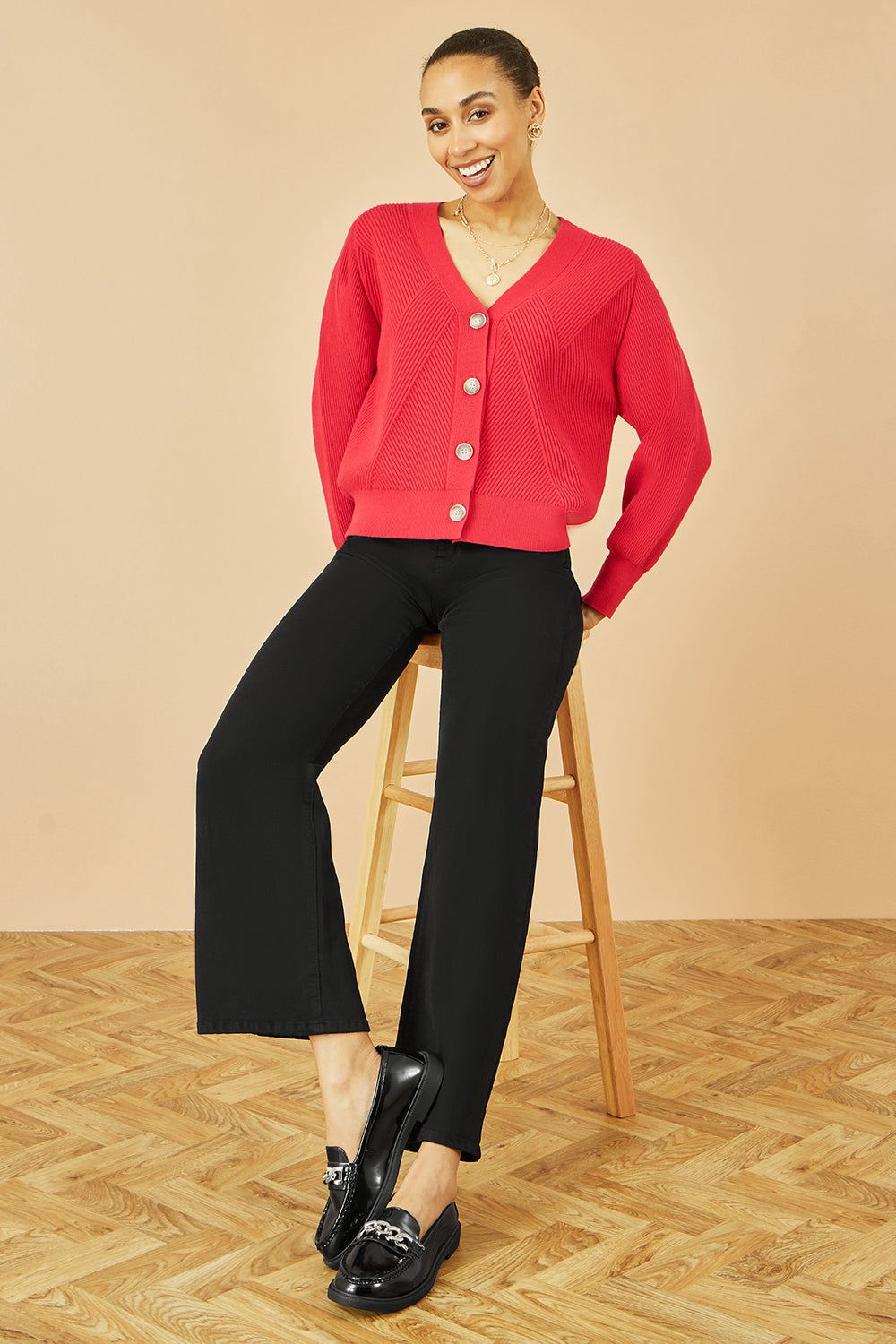 Yumi Red Relaxed Fit Cardigan with Stitch Detail