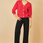 Yumi Red Relaxed Fit Cardigan with Stitch Detail