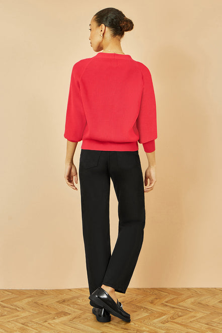 Yumi Red Relaxed Fit Cardigan with Stitch Detail