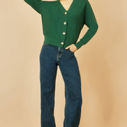 Yumi Green Relaxed Fit Cardigan with Stitch Detail