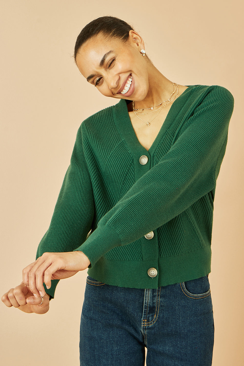 Yumi Green Relaxed Fit Cardigan with Stitch Detail