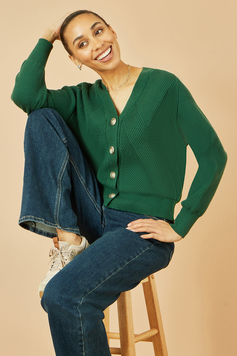 Yumi Green Relaxed Fit Cardigan with Stitch Detail
