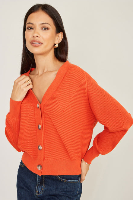 Yumi Orange Relaxed Fit Cardigan with Stitch Detail