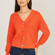 Yumi Orange Relaxed Fit Cardigan with Stitch Detail