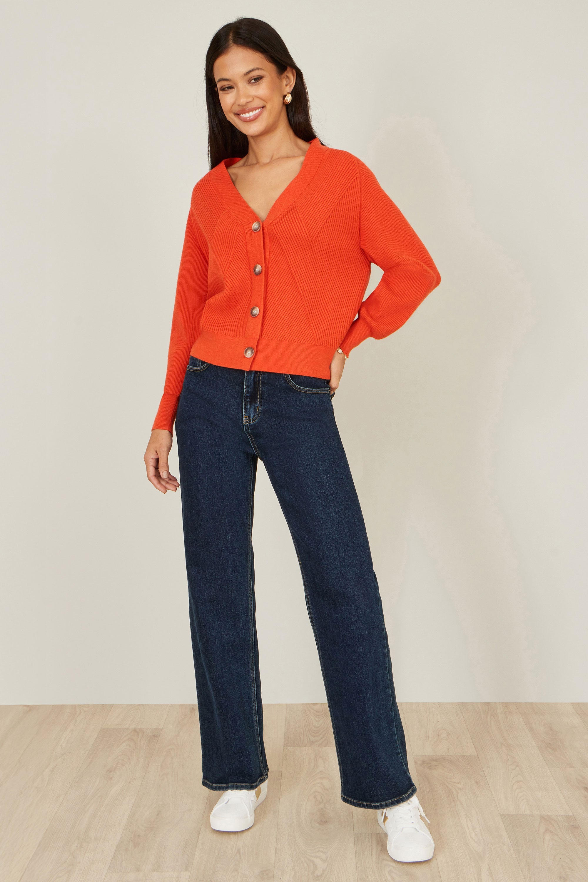 Yumi Orange Relaxed Fit Cardigan with Stitch Detail