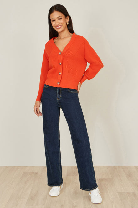 Yumi Orange Relaxed Fit Cardigan with Stitch Detail