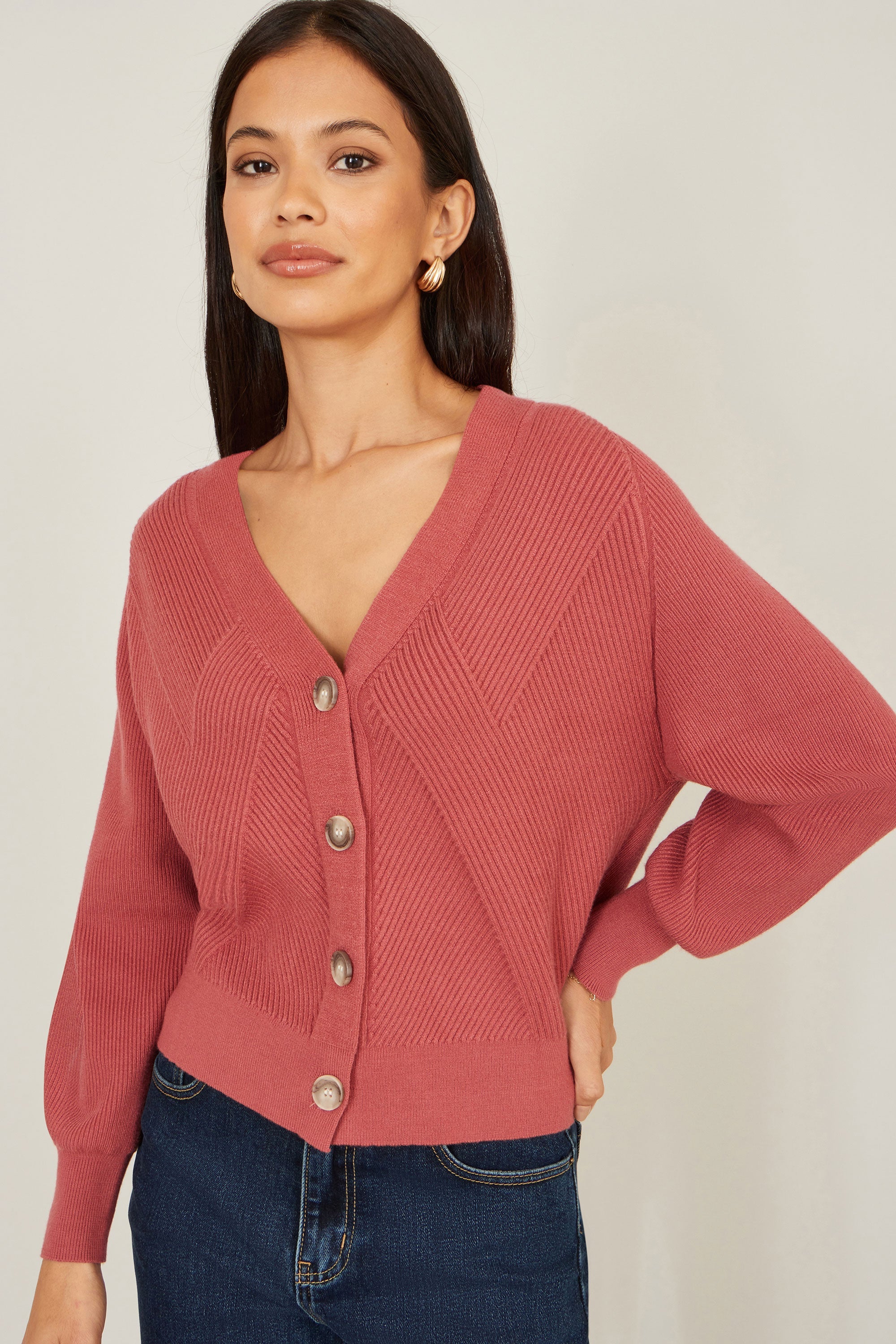 Yumi Rose Pink Relaxed Fit Cardigan with Stitch Detail