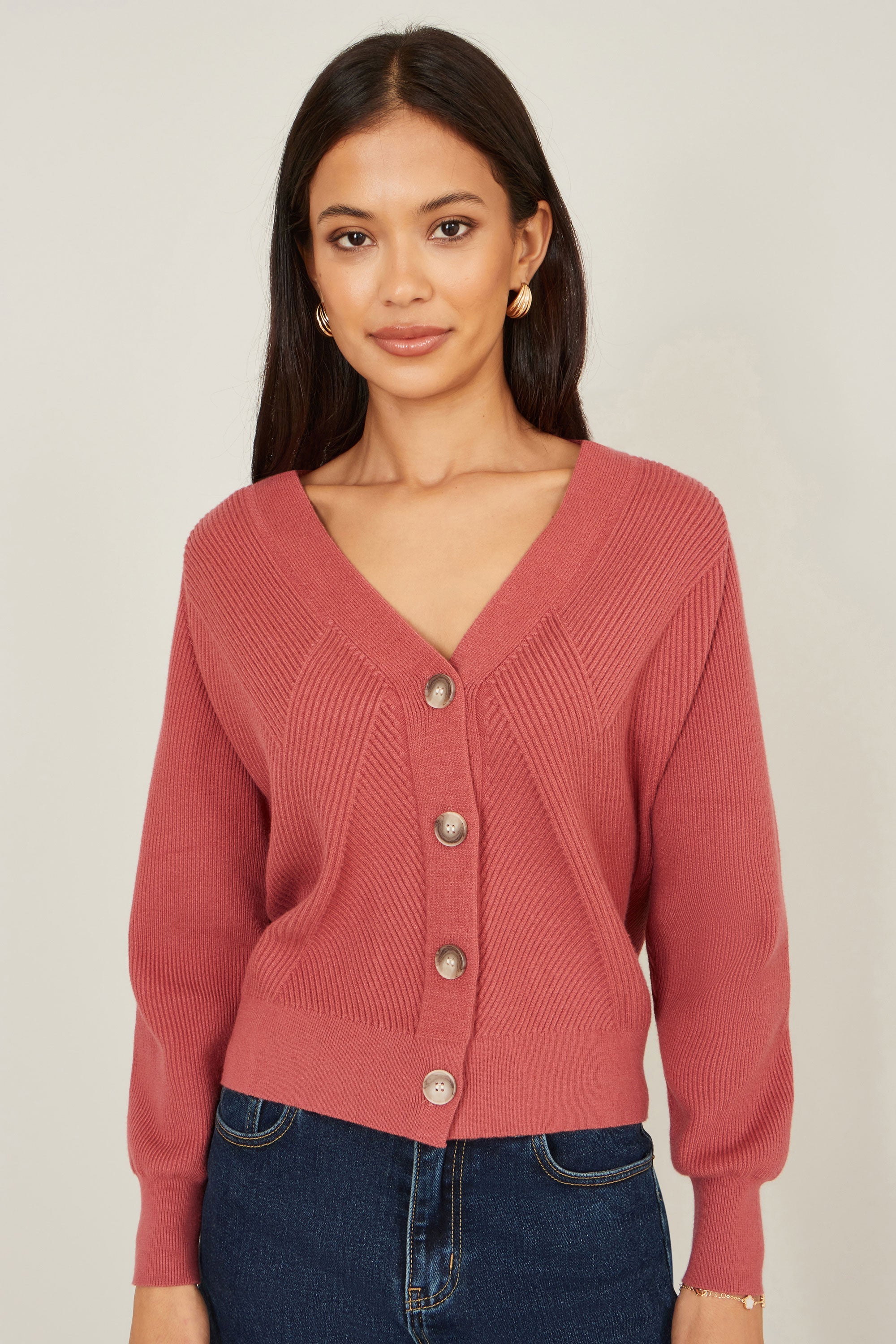 Yumi Rose Pink Relaxed Fit Cardigan with Stitch Detail