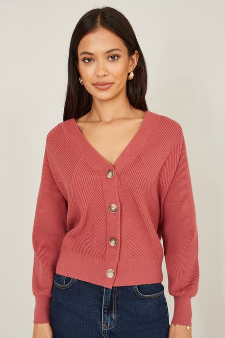 Yumi Rose Pink Relaxed Fit Cardigan with Stitch Detail