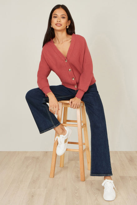 Yumi Rose Pink Relaxed Fit Cardigan with Stitch Detail
