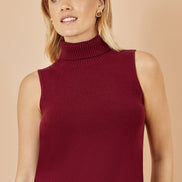 Yumi Burgundy Knitted Roll Neck Sleeveless Jumper
