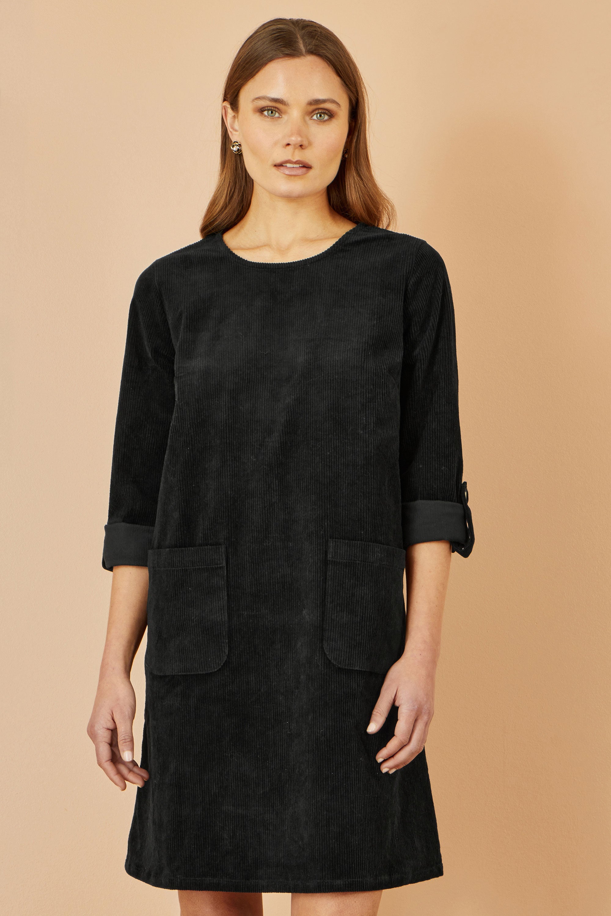 Yumi Black Cord Tunic Dress with 3/4 Sleeves and Pockets