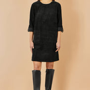 Yumi Black Cord Tunic Dress with 3/4 Sleeves and Pockets
