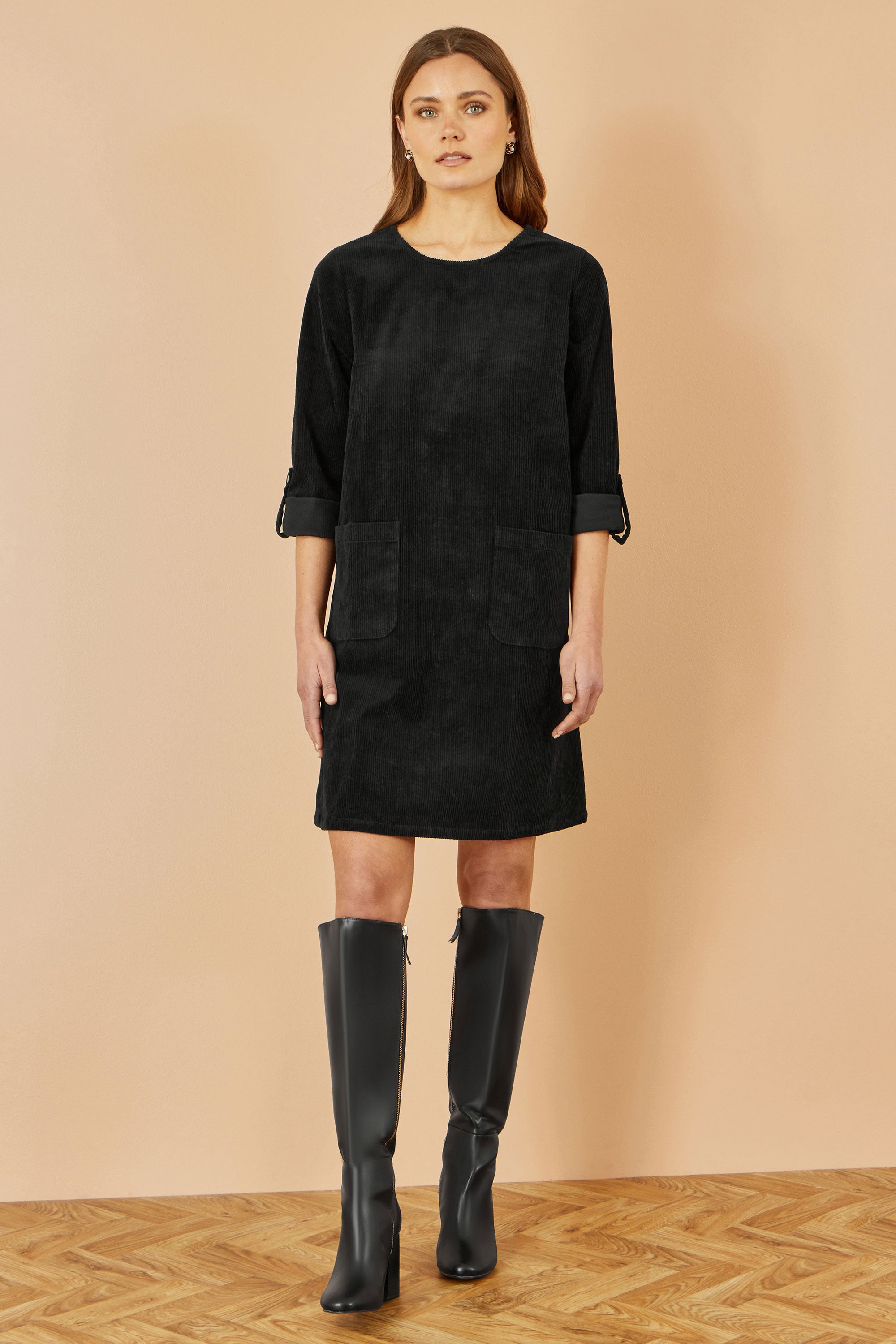 Yumi Black Cord Tunic Dress with 3/4 Sleeves and Pockets
