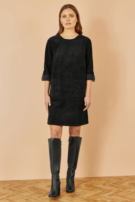Yumi Black Cord Tunic Dress with 3/4 Sleeves and Pockets
