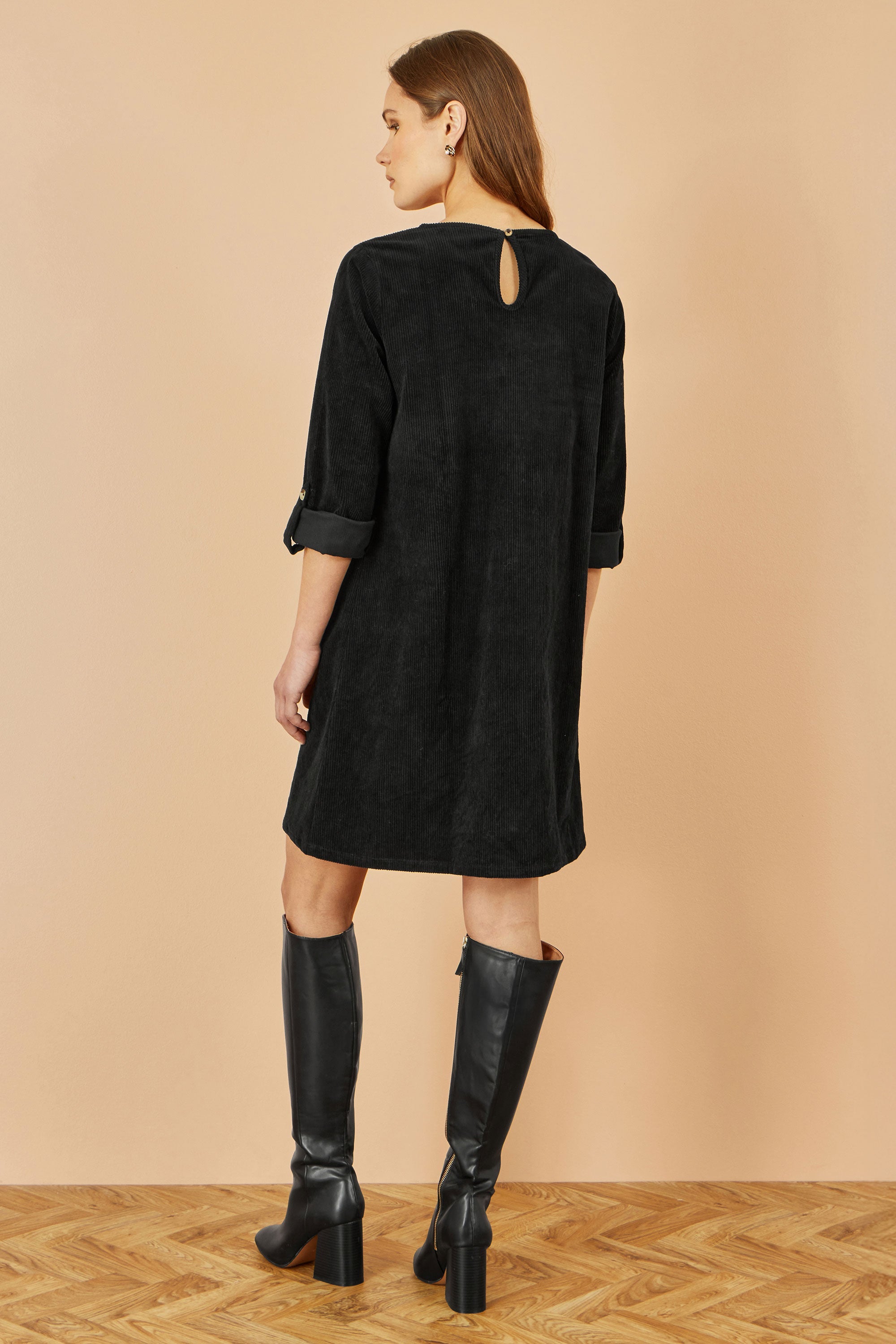 Yumi Black Cord Tunic Dress with 3/4 Sleeves and Pockets
