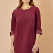 Yumi Burgundy Cord Tunic Dress with 3/4 Sleeves and Pockets