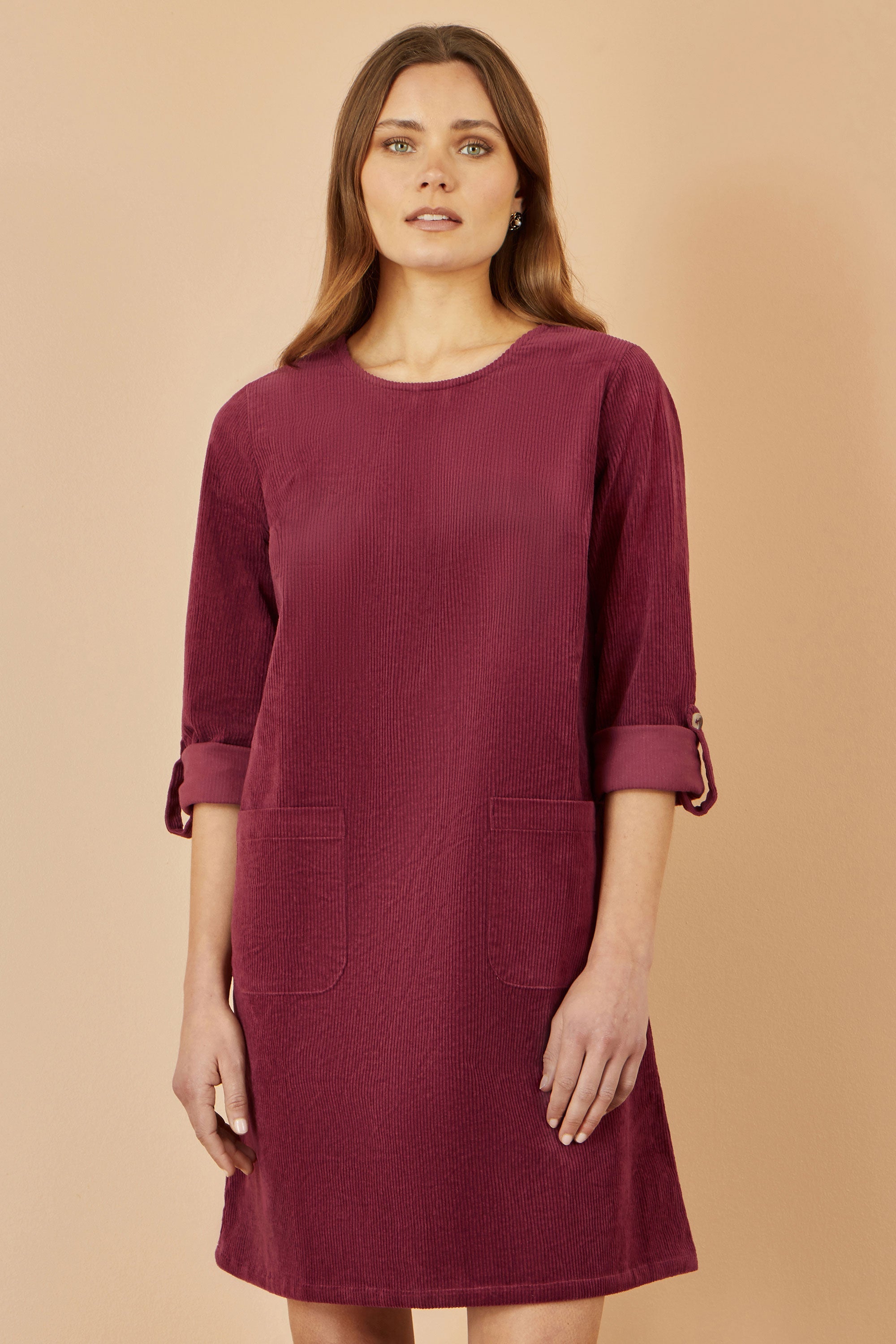 Yumi Burgundy Cord Tunic Dress with 3/4 Sleeves and Pockets