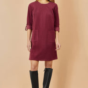 Yumi Burgundy Cord Tunic Dress with 3/4 Sleeves and Pockets