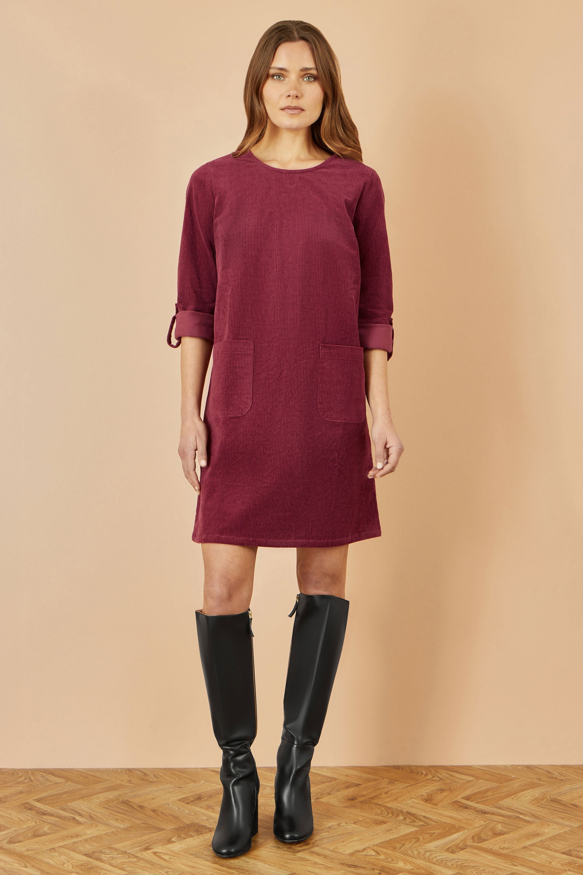 Yumi Burgundy Cord Tunic Dress with 3/4 Sleeves and Pockets