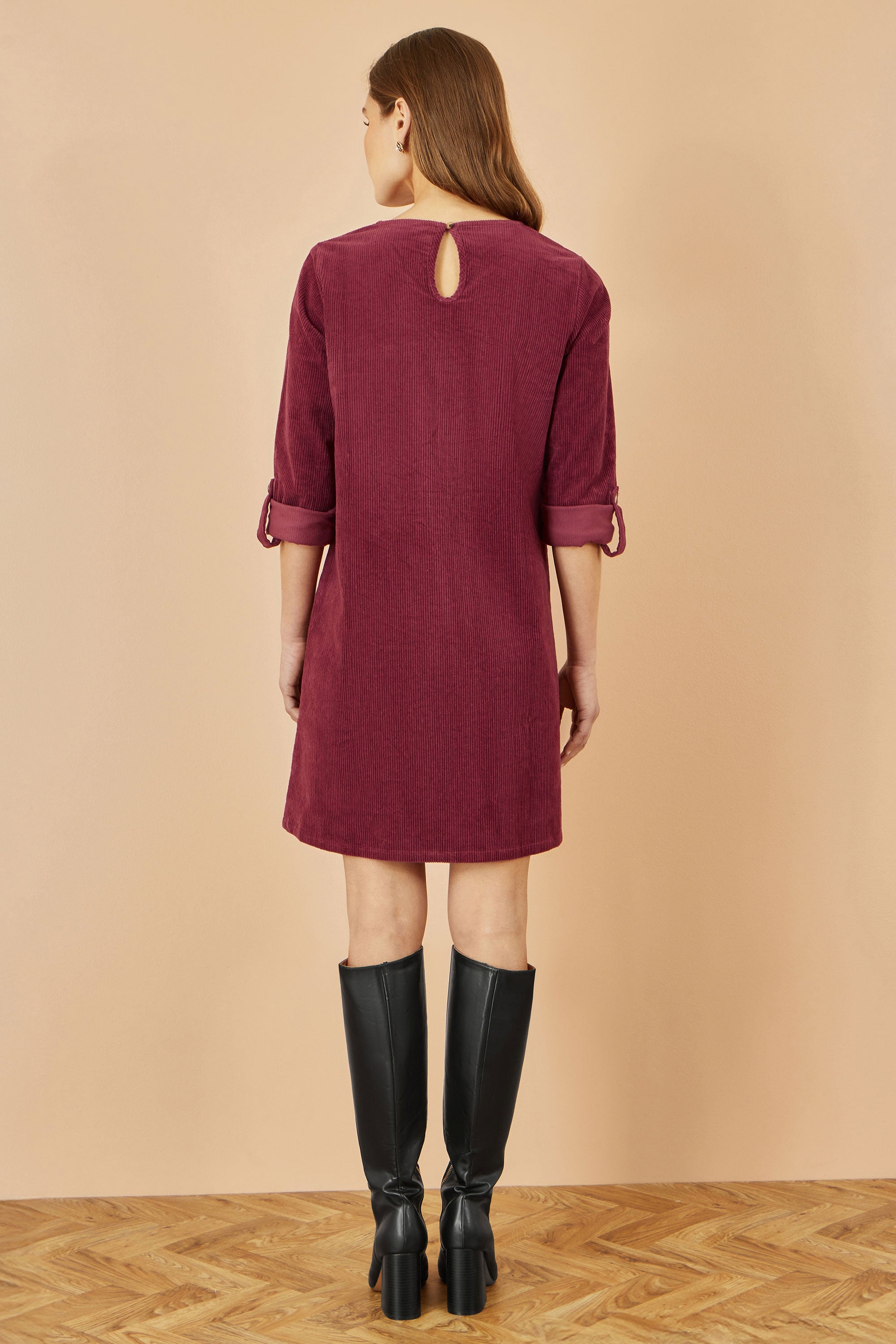Yumi Burgundy Cord Tunic Dress with 3/4 Sleeves and Pockets