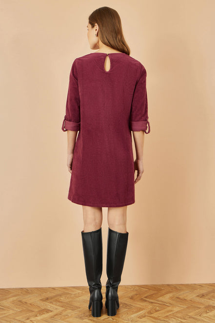 Yumi Burgundy Cord Tunic Dress with 3/4 Sleeves and Pockets