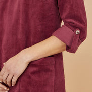 Yumi Burgundy Cord Tunic Dress with 3/4 Sleeves and Pockets
