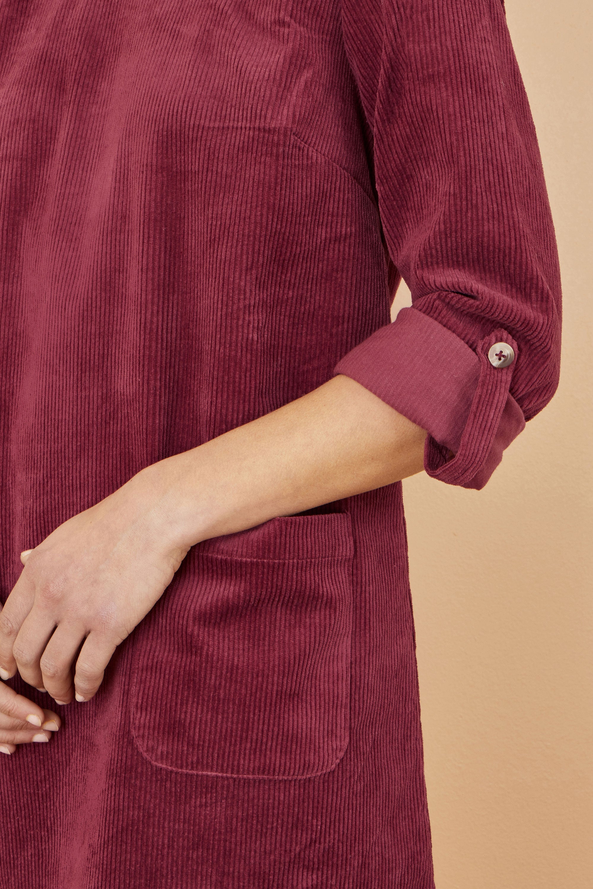 Yumi Burgundy Cord Tunic Dress with 3/4 Sleeves and Pockets