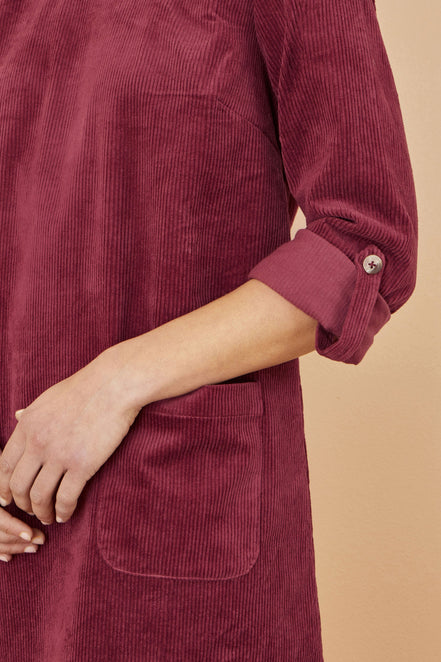 Yumi Burgundy Cord Tunic Dress with 3/4 Sleeves and Pockets