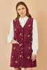 Yumi Burgundy Squirrel Embroidered Button Up Pinafore Dress