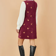 Yumi Burgundy Squirrel Embroidered Button Up Pinafore Dress
