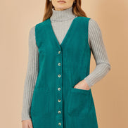 Yumi Teal Cord Button Through Pinafore Dress with Pockets
